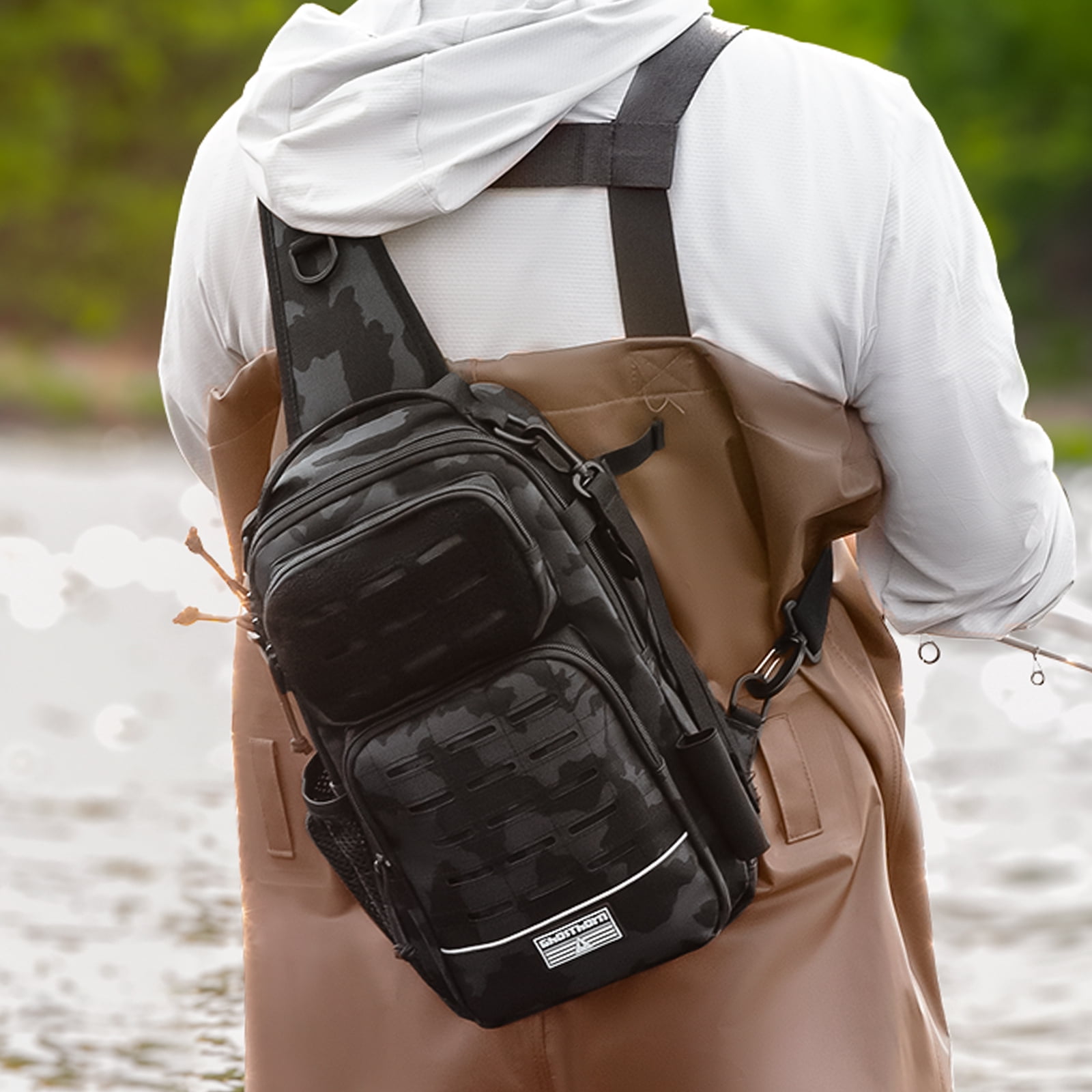 Ghosthorn Fishing Backpack Tackle Sling Bag - Lightweight Sling Tackle Storage Bag with Bait Box - Fishing Backpack with Rod Holder