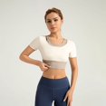thumbnail image 1 of Fake Two-Piece Color Block Yoga Short-Sleeved Braless Sports Top (Ivory White, S), 1 of 4