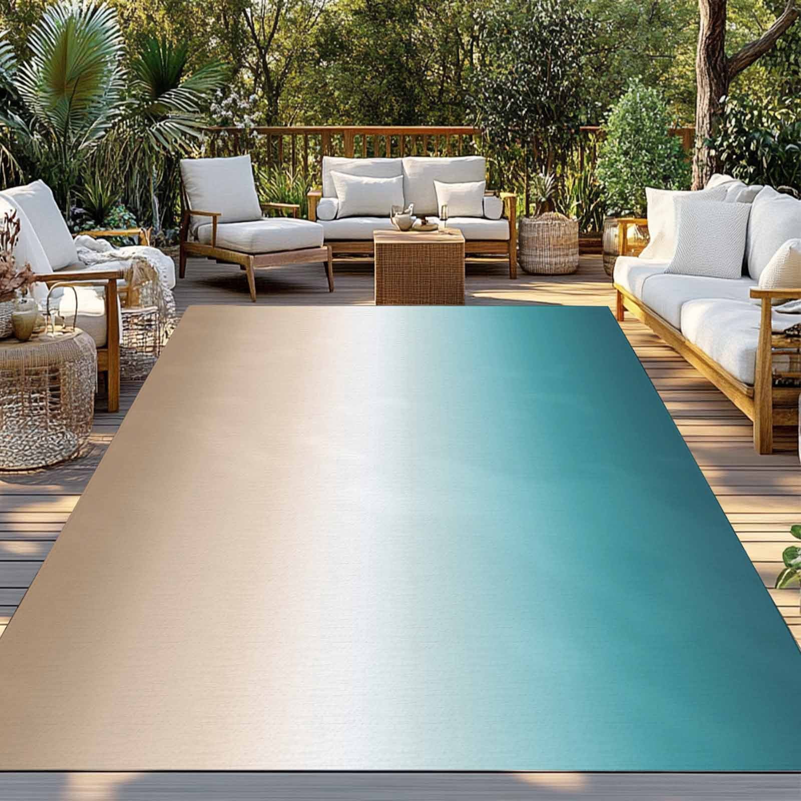 5' x 8' Outdoor Rug, Teal Beige Ombre Cream Outdoor Washable Rug Large Floor Carpet, Modern Turquoise Abstract Art Aesthetics Non Shedding Area Rug for Outside Patio RV Porch Deck Balcony Camping