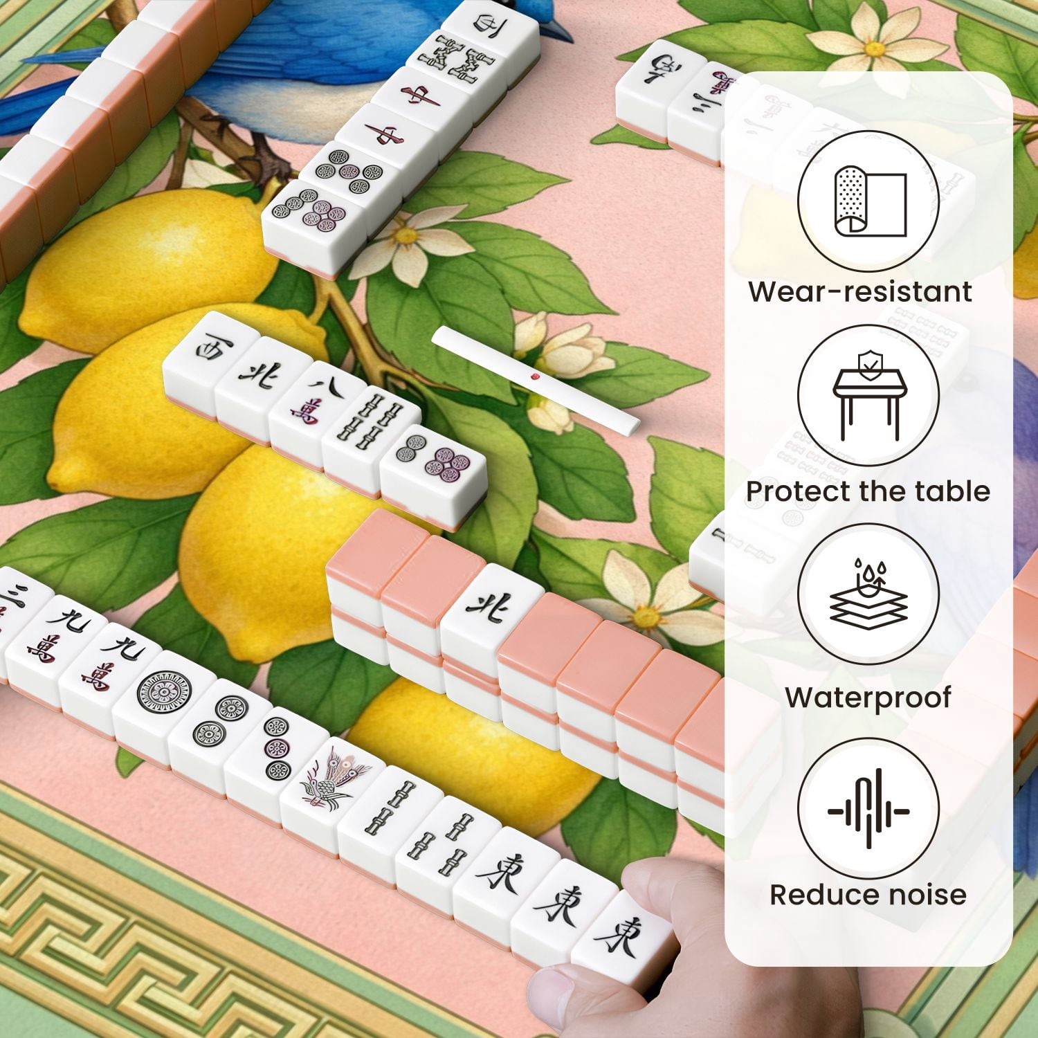 Mahjong Mat 31.5" x 31.5" Blue Purple Birds Lemon Tree Branches Blossoms Pastel Colors Non-Slip Noise Reduction Mahjong Tiles Table Cover for Dominoes Poker Card Board and Tile Games