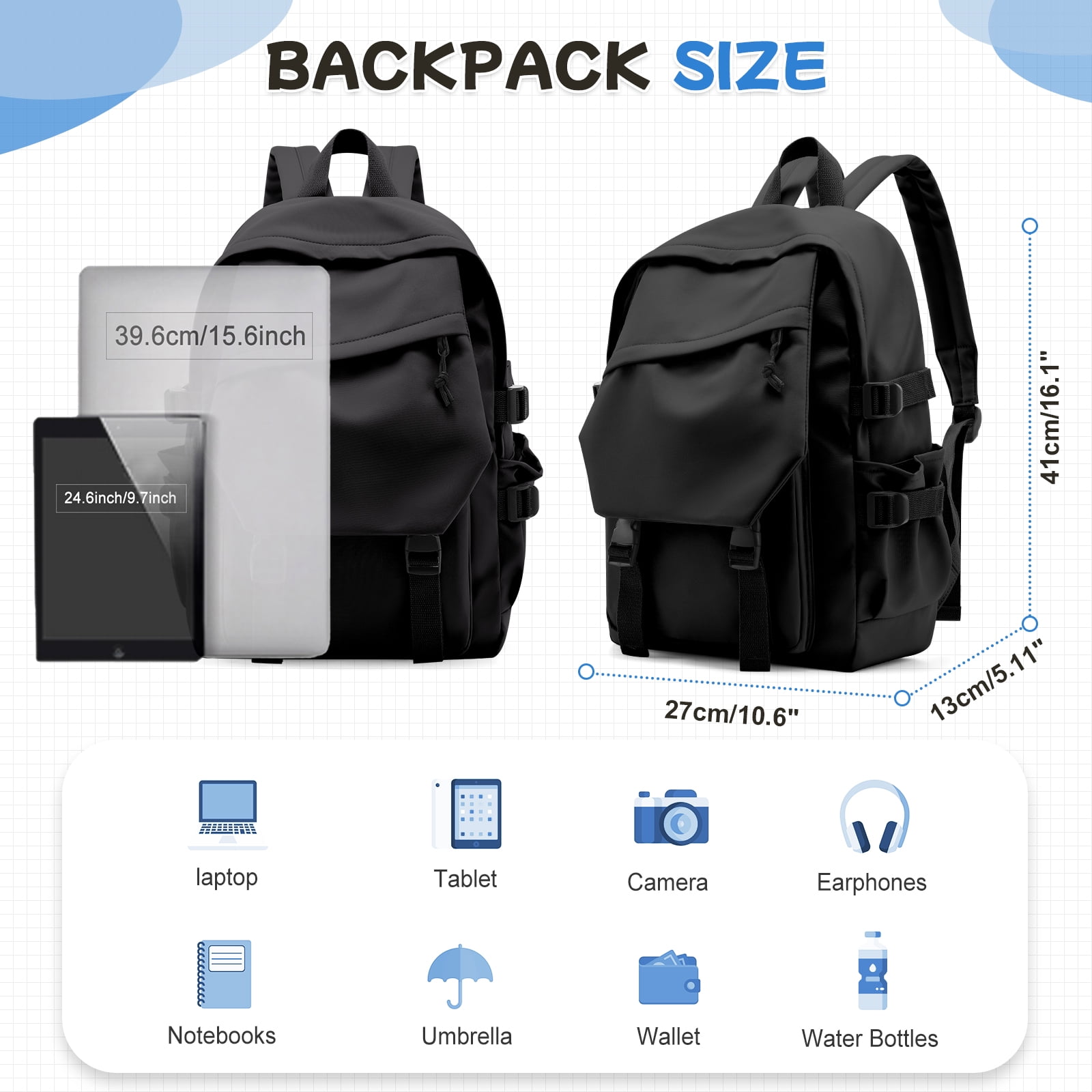 SYCNB School Backpack for Men Women College Bookbag Waterproof Lightweight Black Backpack Mochilas Book Bag Rucksack Casual Daypack School Bag for Students