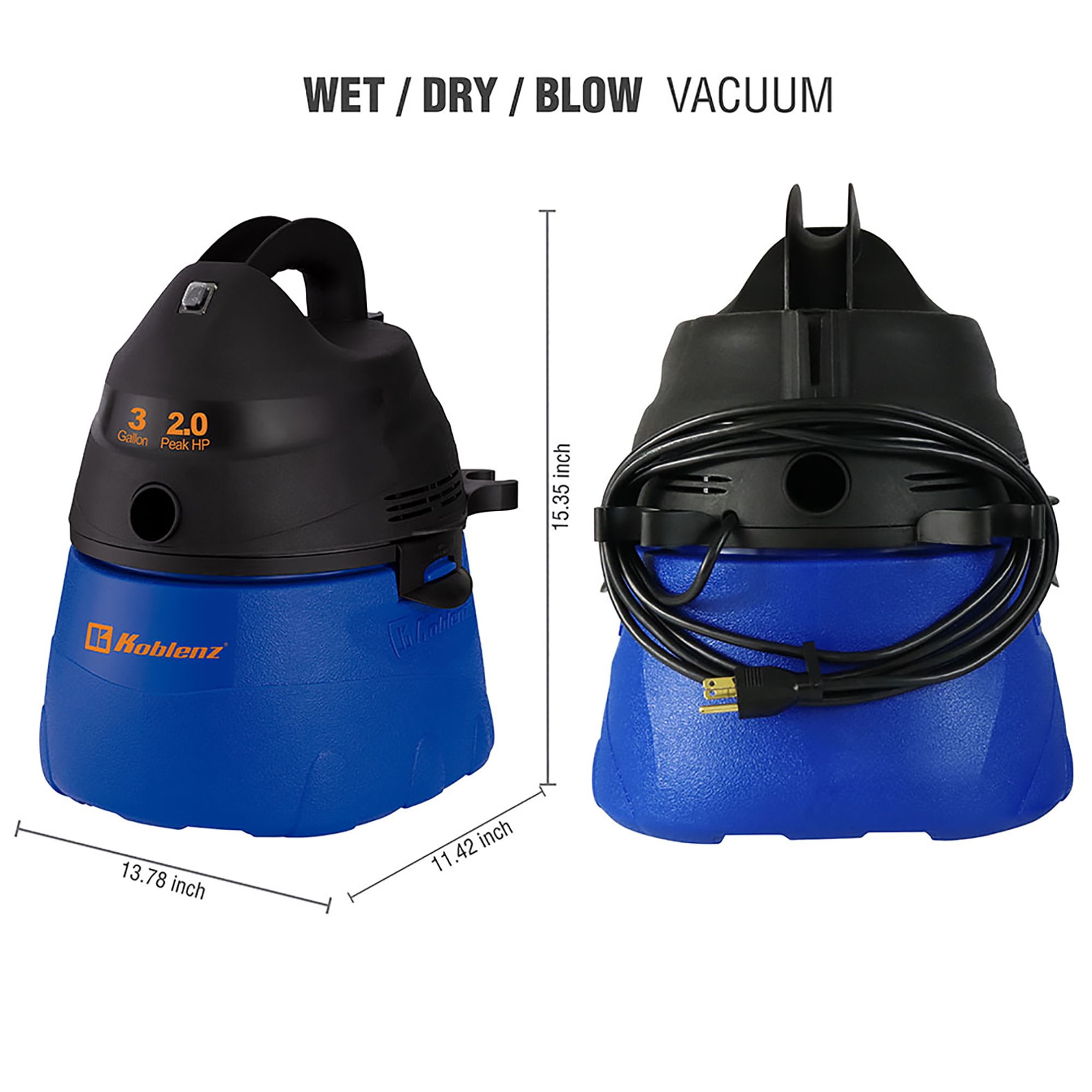 KOBLENZ Wet Dry Blow Vacuum 3-Gallon, 2 Peak HP 1-1/4 In x 6 Ft Locking Hose, 3 in 1 portable shop vac with 5 Year Warranty (WD-353L)
