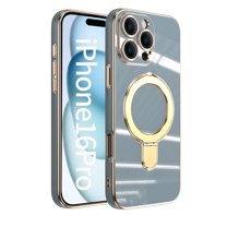 for iPhone 16 Pro Case with Magnetic Stand, [Compatible with MagSafe] [Ring Holder Kickstand] Plating TPU Shockproof Protective for iPhone 16 Pro Phone Case for Women Men, Gray