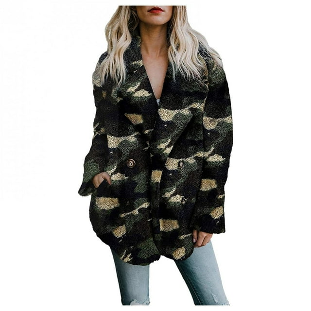 Pompotops Cardigan d'Hiver Chaud pour Femmes Manteau à Col Rabattu en Polaire Ouvert avec Poches Imprimé