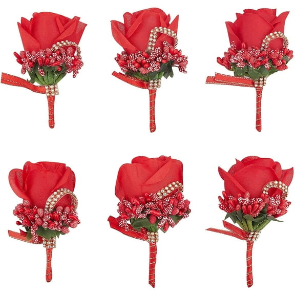 6pcs set of 6 Red Rose Boutonnieres Groom and Best Man Boutonniere Rose Corsage Men Boutonniere set for Groom Groomsmen Wedding Prom Wedding Decoration Flowers