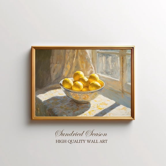 Vintage Lemon Still Life Print, Golden Fruit In Bowl By Window, Rustic Sunlit Kitchen Artwork, Cozy Farmhouse Dining Room Decor UNFRAMED Poster, Wall Art for Decor, Present, 8x12