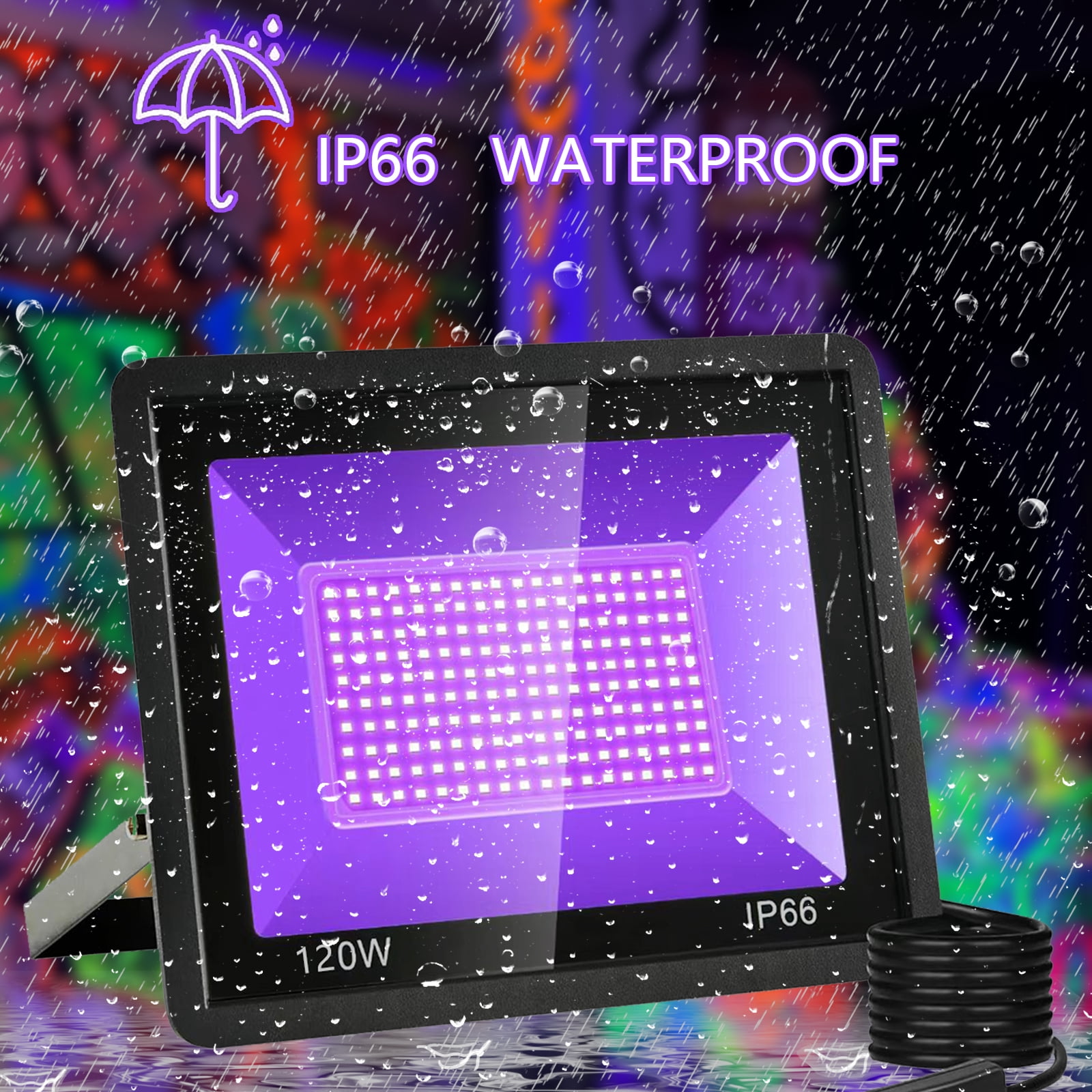 Ontesik 3-Pack 120W LED UV Black Light, Outdoor IP66 Waterproof, UV and Fluorescent Lighting