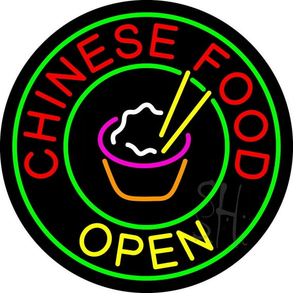 Round Chinese Food Open LED Neon Sign 18 x 18 - inches, Clear Edge Cut Acrylic Backing, with Dimmer - Bright and Premium built indoor LED Neon Sign for restaurant window and interior decor.