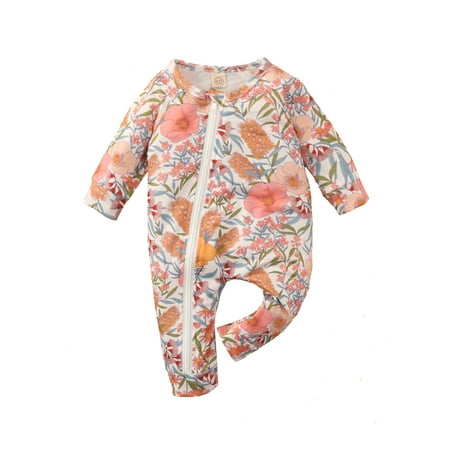 

Newborn Baby Girl Floral Romper Infant Kids Ruffle Long Sleeve Zip Up One Piece Jumpsuits Pants Bodysuit Outfits