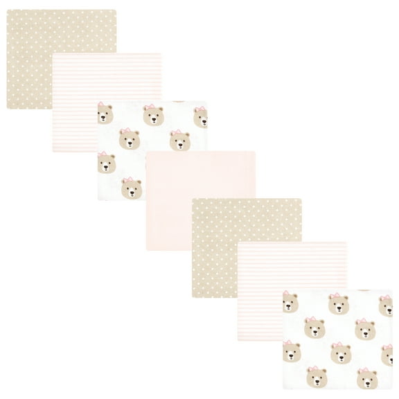 Hudson Baby Infant Girl Cotton Poly Flannel Receiving Blankets Bundle, Pink Taupe Bear, One Size