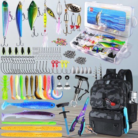 1 Pack 24L Fishing Backpack with Rod Holder Tackle Boxes and 139-Piece Lures Kit Sling Bag Black Camo