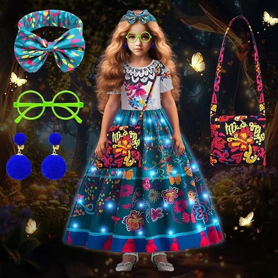 Encanto Dress for Girls, Mirabel Costume Princess Dress Up Light Up with Accessories for Birthday Cosplay Halloween