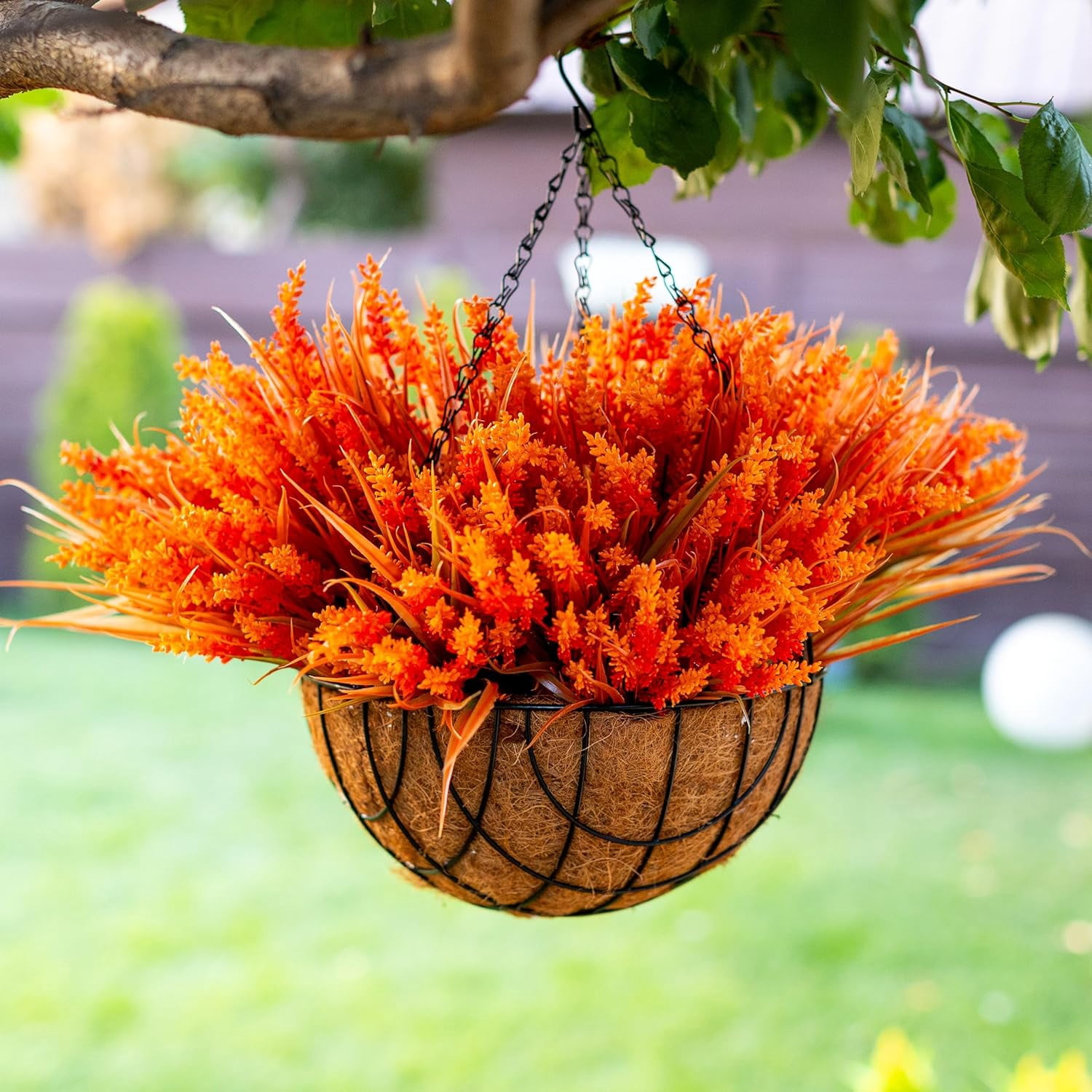 8PCS Artificial Flowers for Outdoors, Fake Lavender with Grass UV Resistant Plastic Faux Autumn Plants for Garden Thanksgiving Home Decor (Orange)
