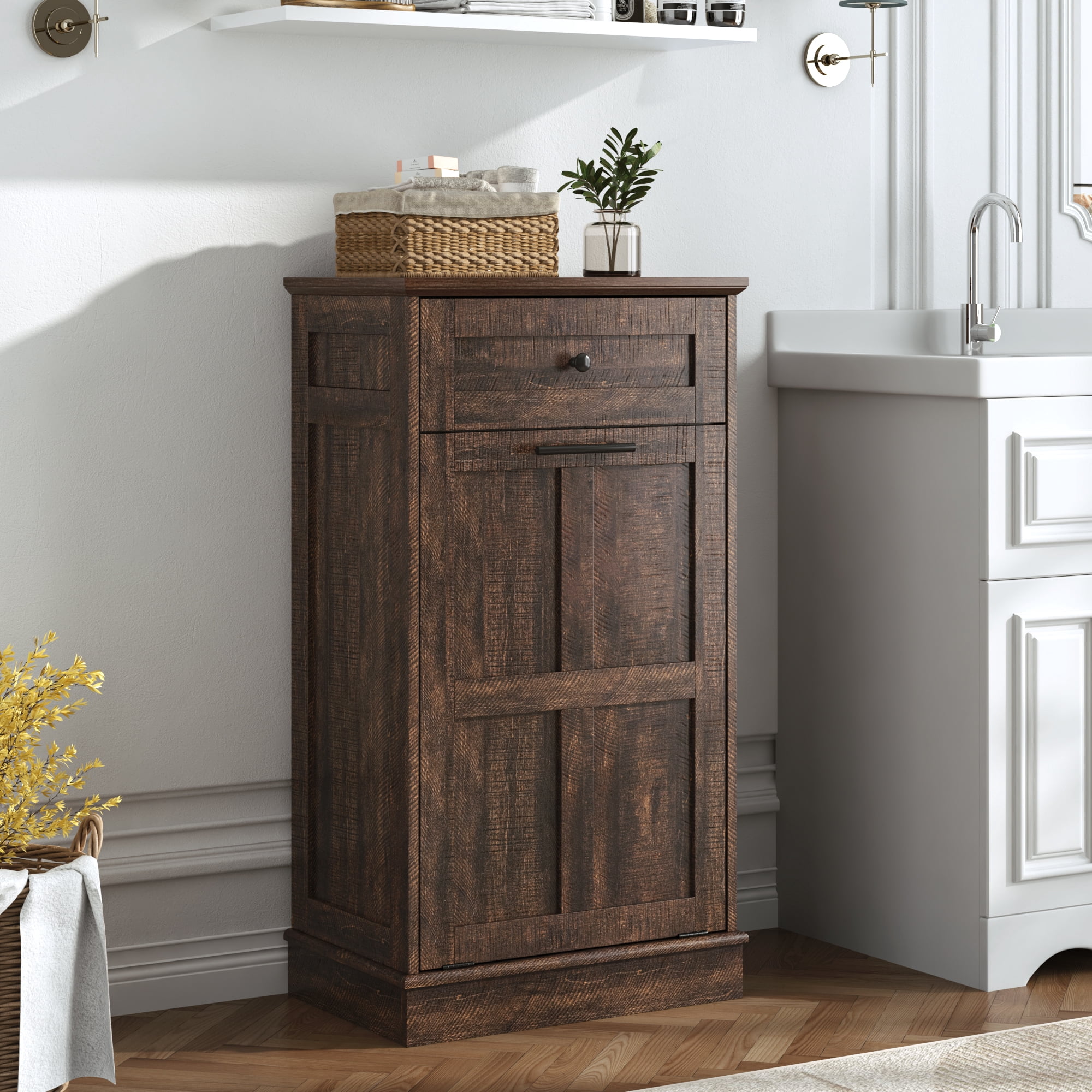 Blotout 13 Gallon Tilt Out Trash Cabinet, Hidden Wooden Trash Can with Drawer, Pet Proof Freestanding Kitchen Recycling Cabinet for Kitchen, Kitchen, Living Room