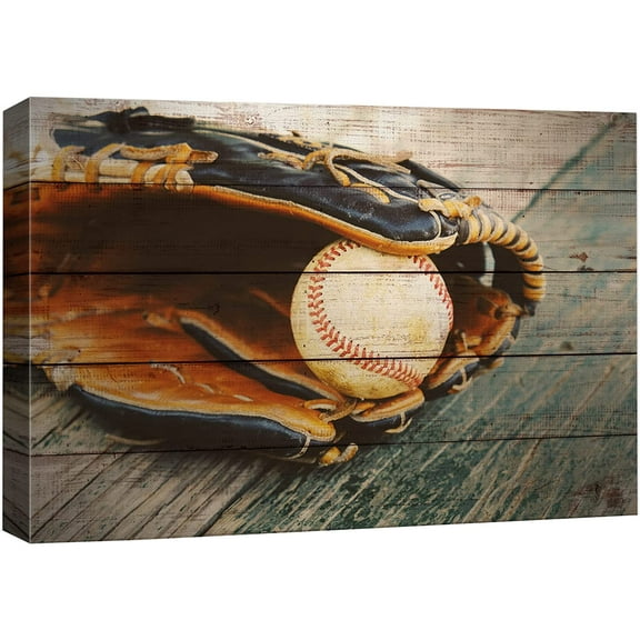 wall26 Canvas Print Wall Art Wood Panel Effect Retro Vintage Baseball in Catcher's Mitt Sports Fitness Photography Realism Decorative Scenic Multicolor for Living Room, Bedroom, Office - 16x24