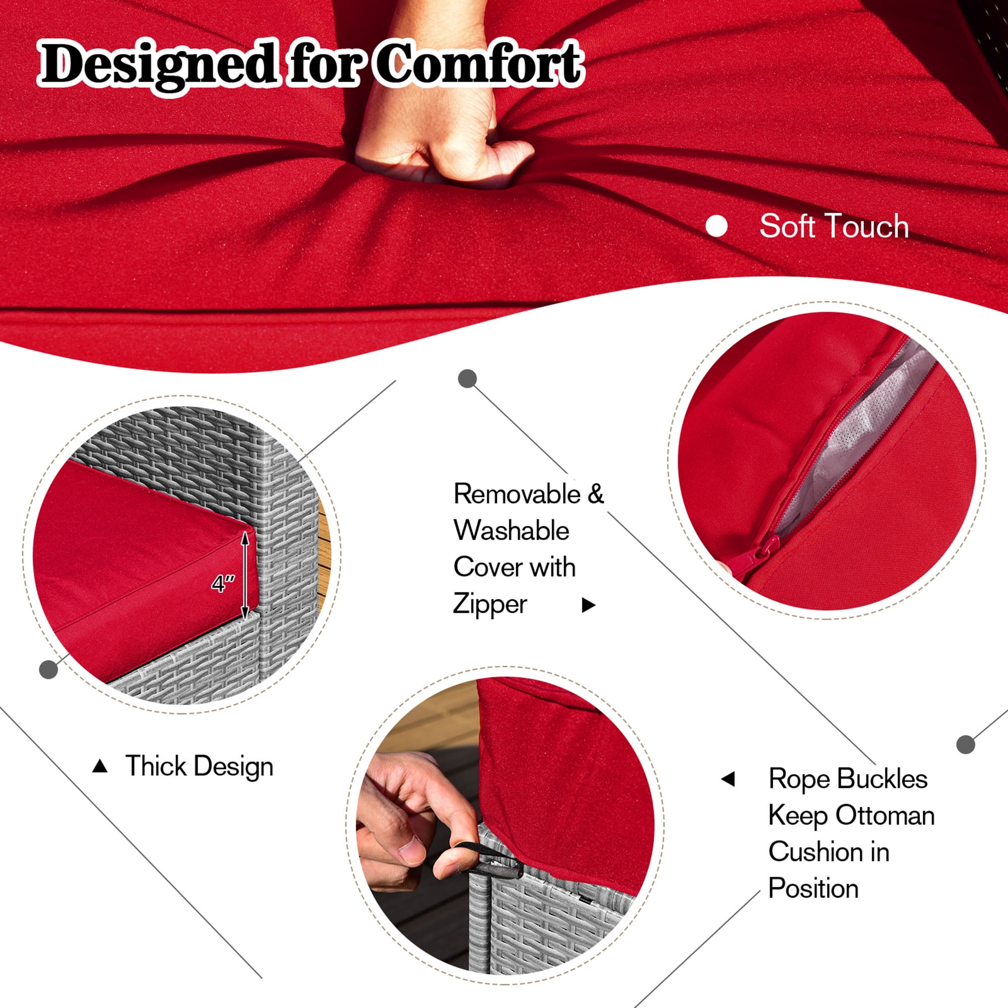 Gymax Fashion 8PCS Rattan Patio Space-Saving Furniture Set w/ Waterproof Cover & Red Cushions