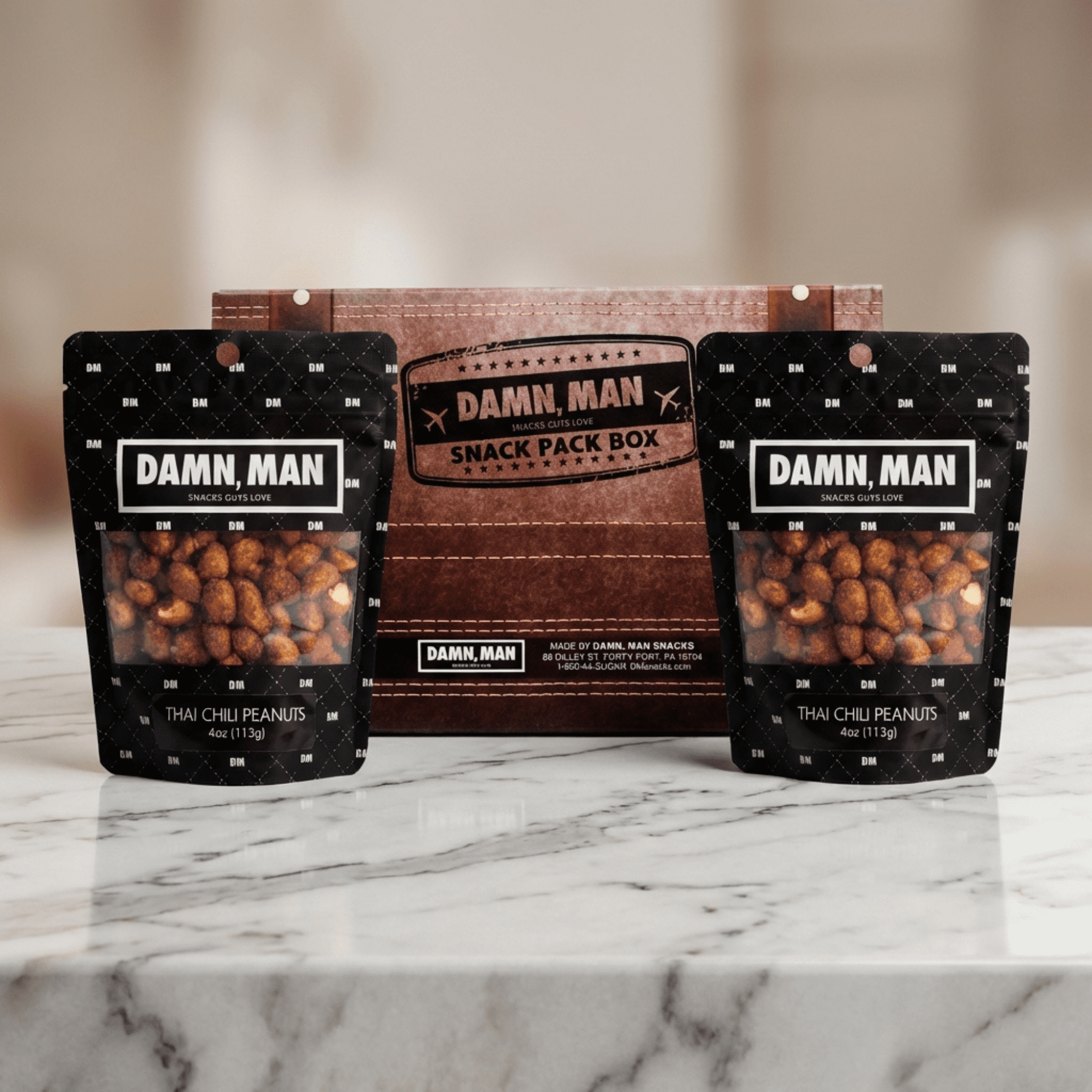 Damn, Man Thai Chili Peanuts Snack Pack Gift Box - 4 Bags Gourmet Nuts - 4 oz. Each - 1 lb Total