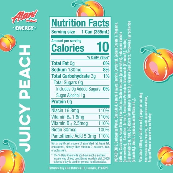 Alani Nu Energy Drink Variety Pack, Juicy Peach , Pink Slush, & Cherry Slush 12 fl oz Cans, 6 Count