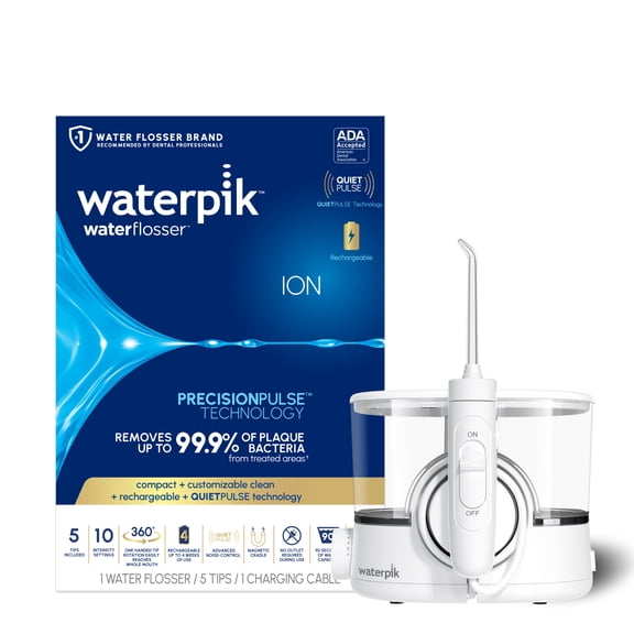 Waterpik ION Rechargeable Water Flosser with 10 Settings, 5 Tips, ADA Accepted, White