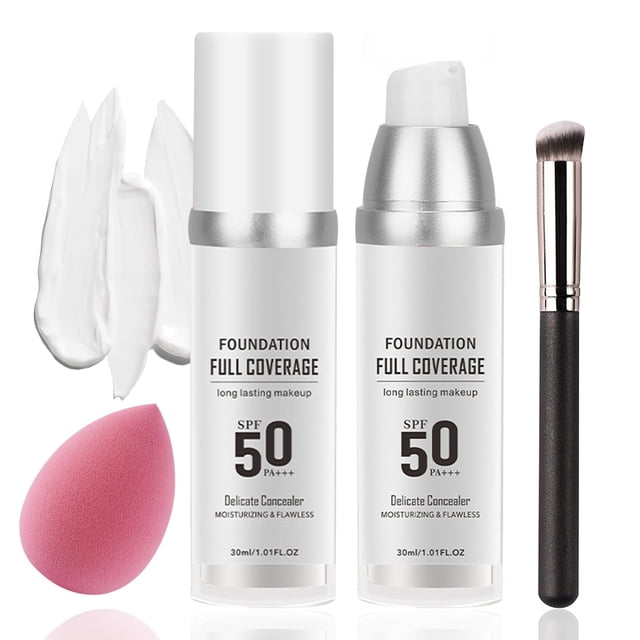 Juego de 2 bases de maquillaje que cambian de color con brocha y esponja de maquillaje SPF 50 PA+++ Control de aceite total Base líquida Maquillaje Corrector humectante impecable para todo tipo de p