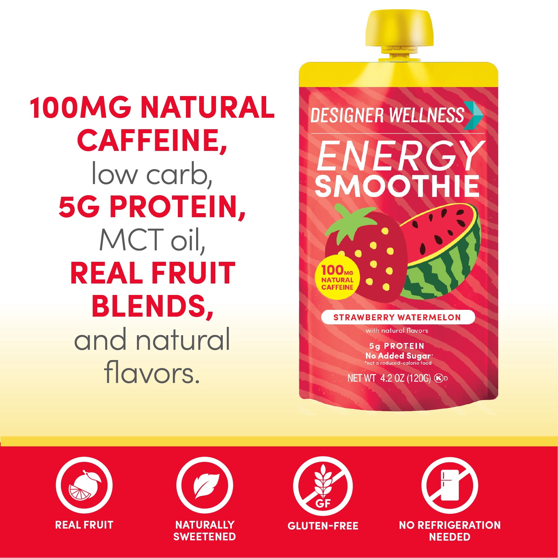 Designer Wellness Energy Smoothie, Real Fruit, 100mg Natural Caffeine, 5g Protein, Low Carb, Zero Added Sugar, Gluten-Free, Stawberry Watermelon, 12 Count