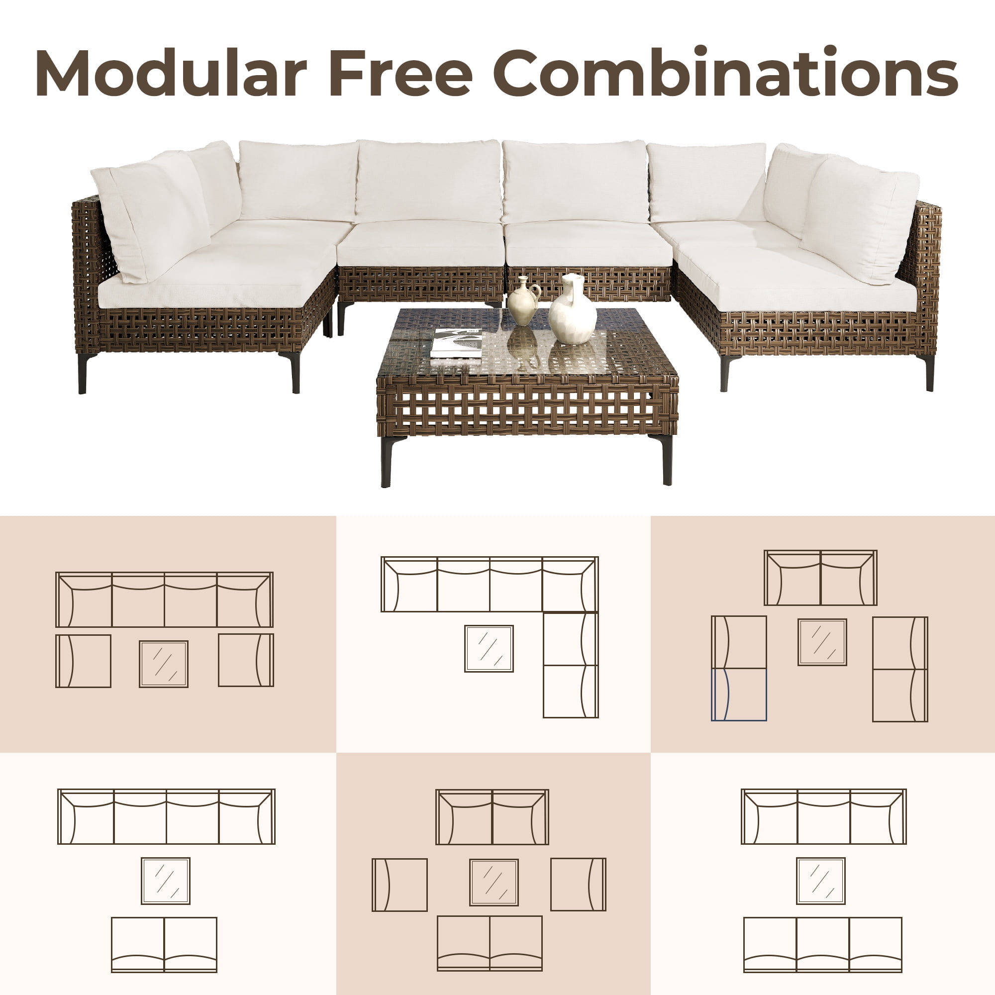GRANDPATIO Boho 7-Piece Open Weave Wicker Patio Furniture Set, Outdoor Conversation Set with Thick Cushions, Beige Cushion&Brown Wicker