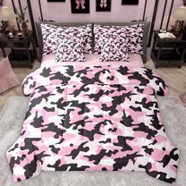 Homewish Rustic Camo Print 7pcs Bedding Comforter Set,Country Farmhouse Lodge Queen Bedding Sets,Pink Black White Queen Sheet Sets For Girls Kids,Super Cozy Room Decor Reversible