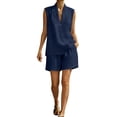 thumbnail image 2 of Mifsaly Linen Short Sets for Women Sleeveless V Neck Lapel Tops and Elastic Waist Shorts Casual Summer Vacation Beach Loungewear with Pockets Navy,S, 2 of 7
