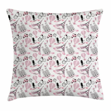 Eiffel Throw Pillow Cushion Cover, Love in the City Paris French Bridal Composition Romantic Travel Pink Blossoms, Decorative Square Accent Pillow Case, 16 X 16 Inches, Rose Black White, by