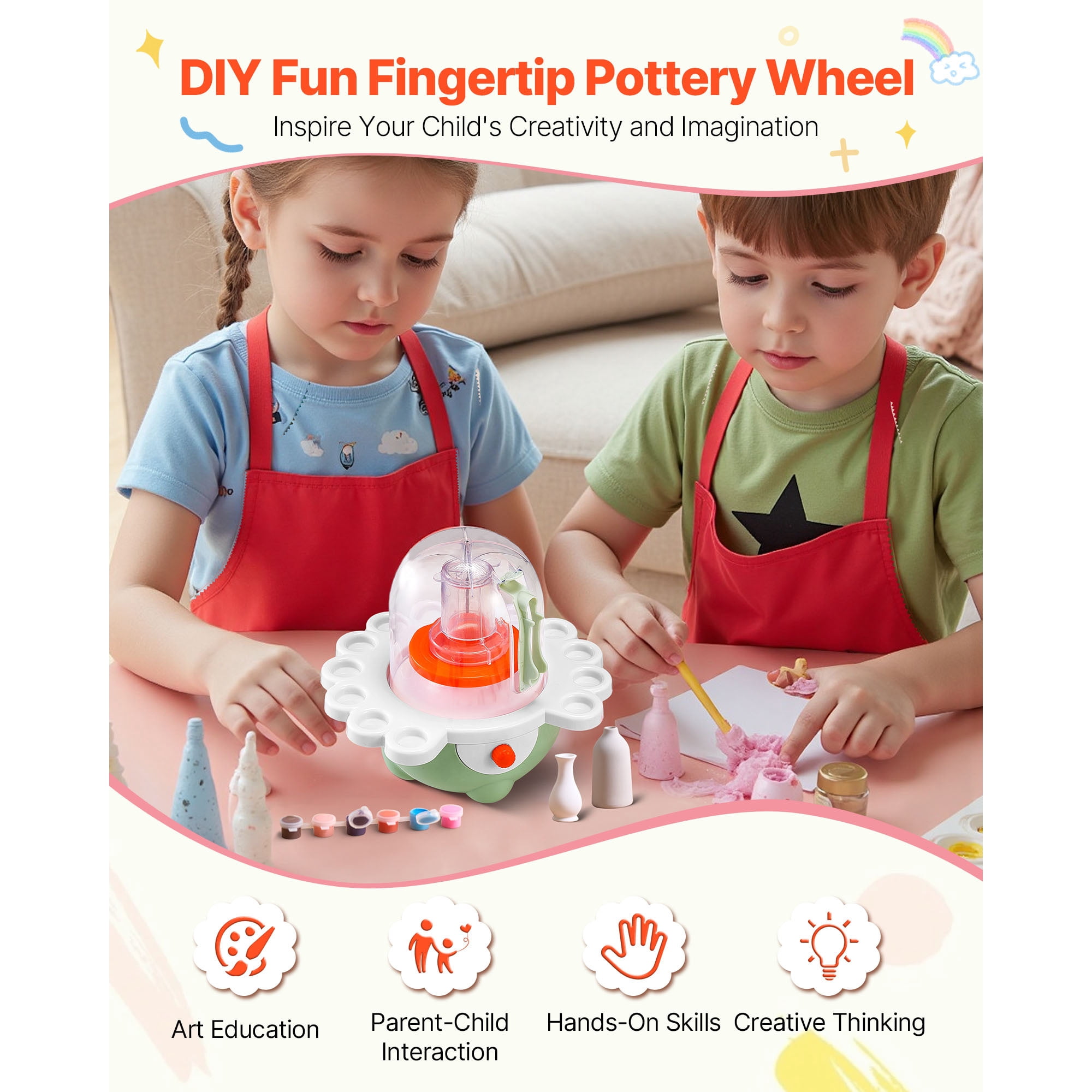 KFFKFF Mini Pottery Wheel with Adjustable Speed, 2 in and 3 in Turntables, Electric Clay Wheel for Beginners and Kids, Includes Clay Sculpting Tools, Ideal Gift for Boys and Girls, Green