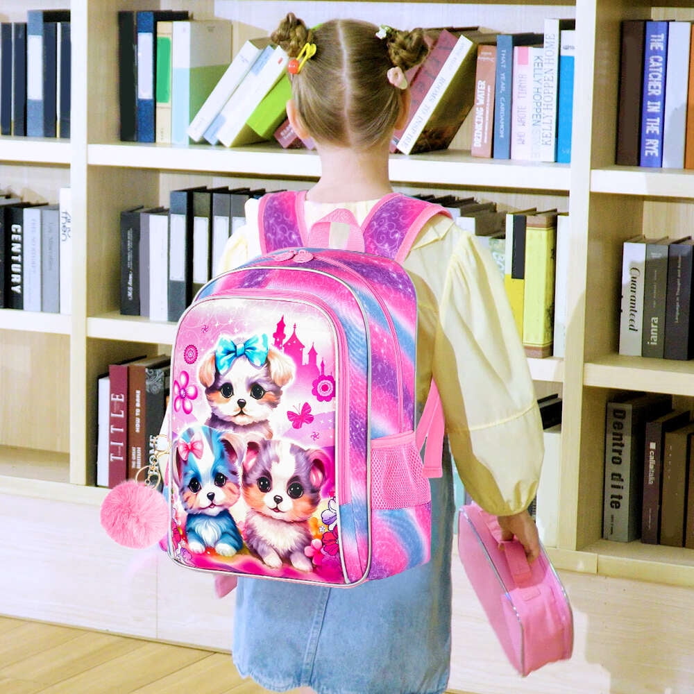AGSDON 3PCS Backpacks for Girls, 16" Elementary Kids Cute Dog Backpack Preschool School Bookbags and Lunch Box