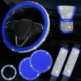 thumbnail image 6 of 15 Inch Bling Diamond Steering Wheel Cover Set with Seat Belt Pad, Shift Cover and Push Start Button Bling Ring, Ultimate Car Steering Wheel Cover for Women, Stylish Car Accessories, Blue, 6 of 10