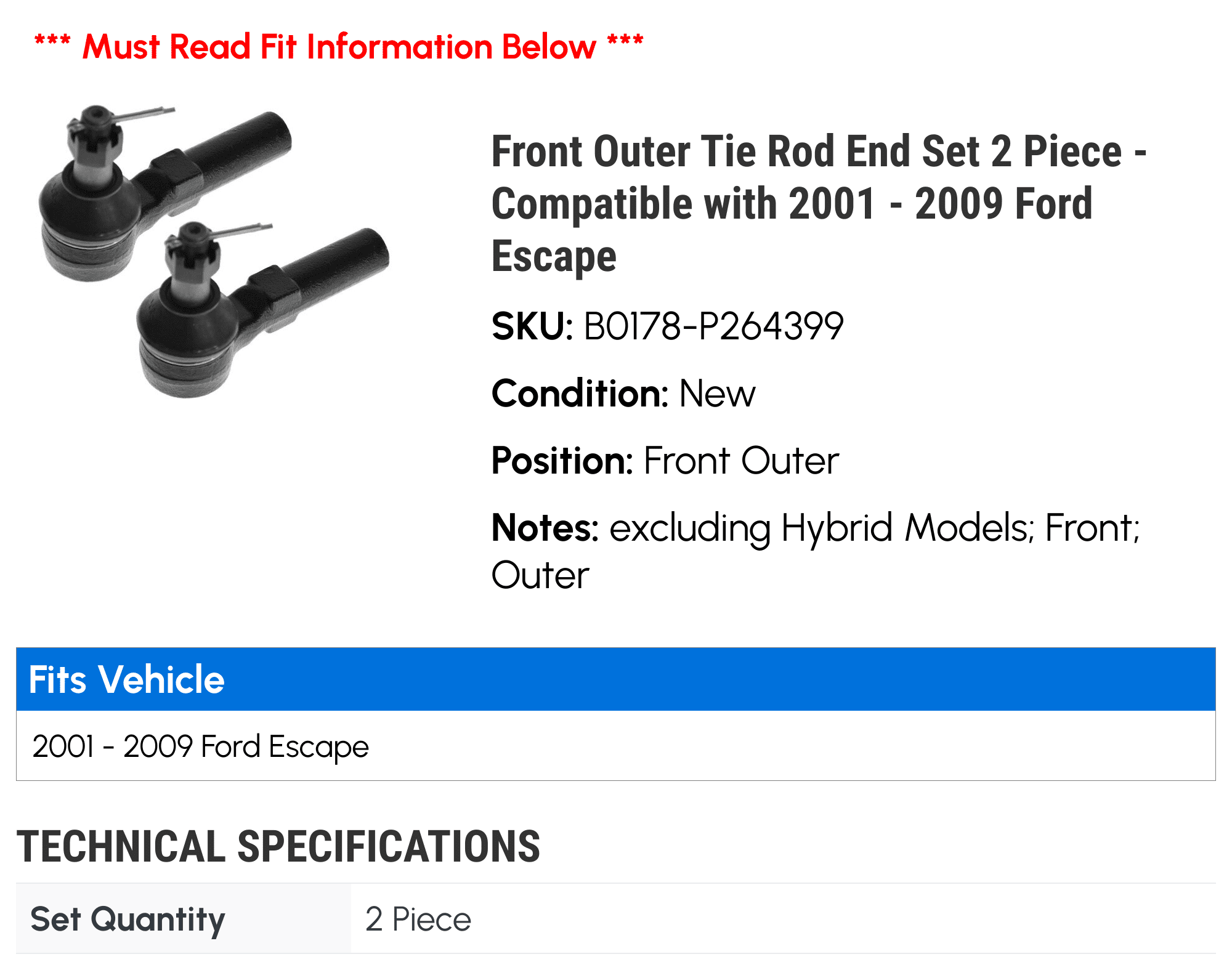Front Outer Tie Rod End Set 2 Piece - Compatible with 2001 - 2009 Ford Escape 2002 2003 2004 2005 2006 2007 2008