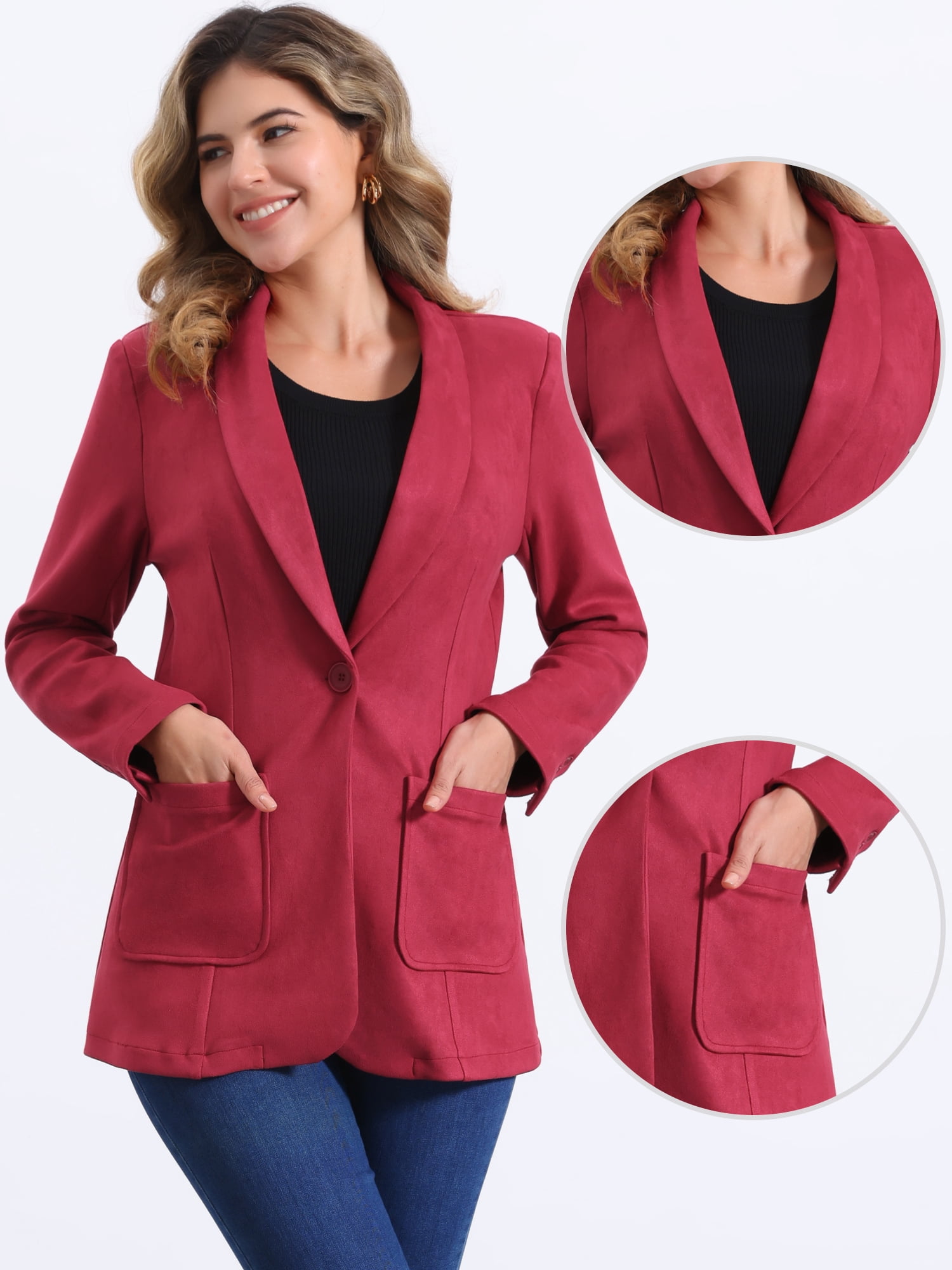 DARING DIVA Women's Faux Suede Lapel Collar One Button Dressy Suit Jacket M Red