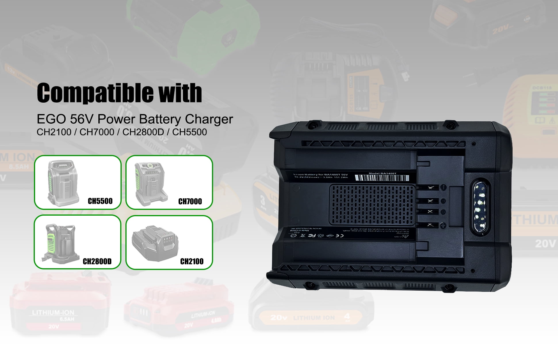 BA1400T 56V 3.0Ah Battery Replacement for EGO 56V Battery Power 3.0Ah BA1400 BA1400T 2.5Ah BA1400T BA2240 BA1120 Compatible with EGO 56V Lithium-Ion Battery Black