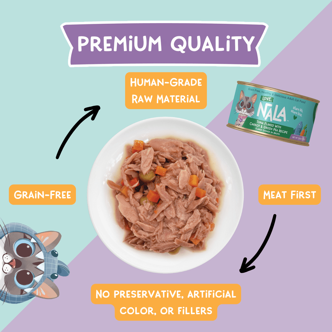 LOVE, NALA - Natural Adult Cat Wet Food - FLAKED Tuna with Carrot & Green Pea in Broth - Grain Free, Non-GMO, Lean Protein, Digestive Fiber Blend, Added Minerals & Vitamins - 2.8 oz Can