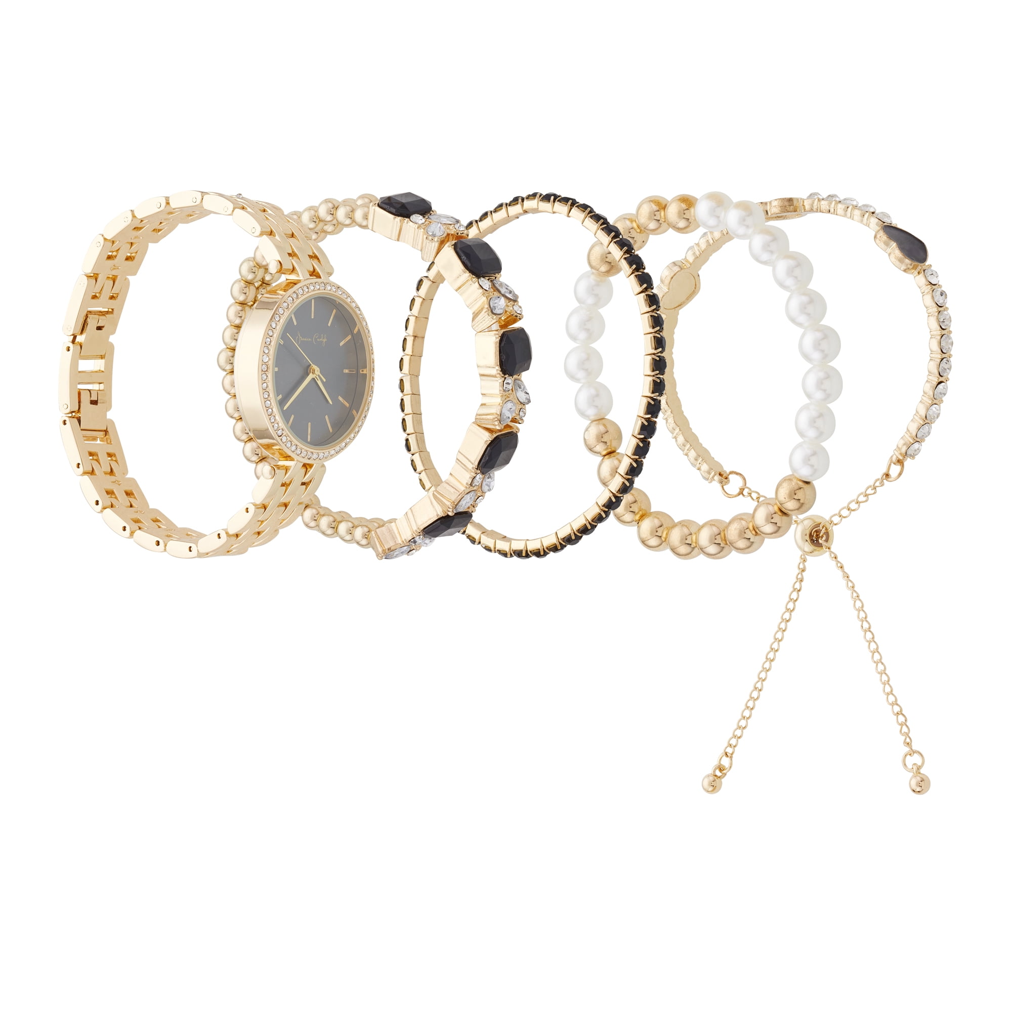 Jessica Carlyle Holiday 2022 Ladies Analog Watch With 4 Piece Stackable Bracelet Set, Shiny Gold