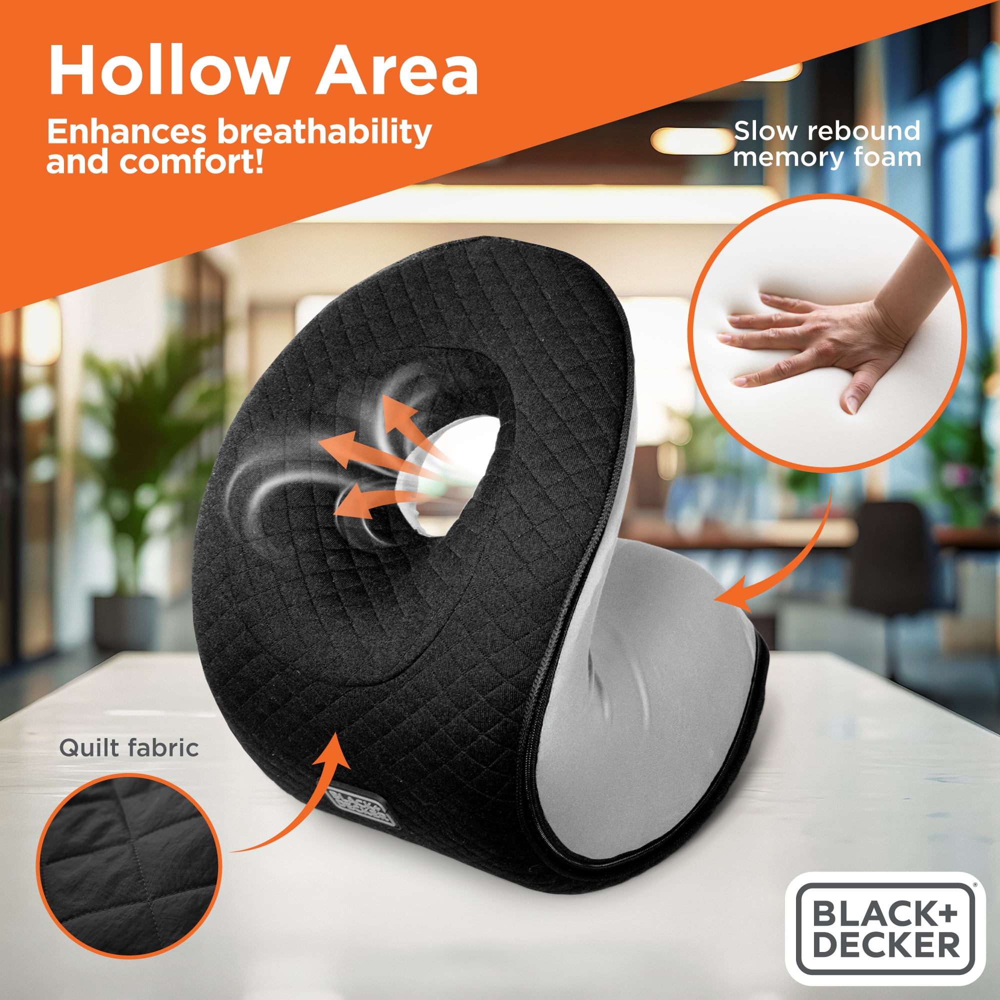 BLACK+DECKER Quilted Knit Nap and Cervical Neck Pillow, Memory Foam Travel Pillow, Black