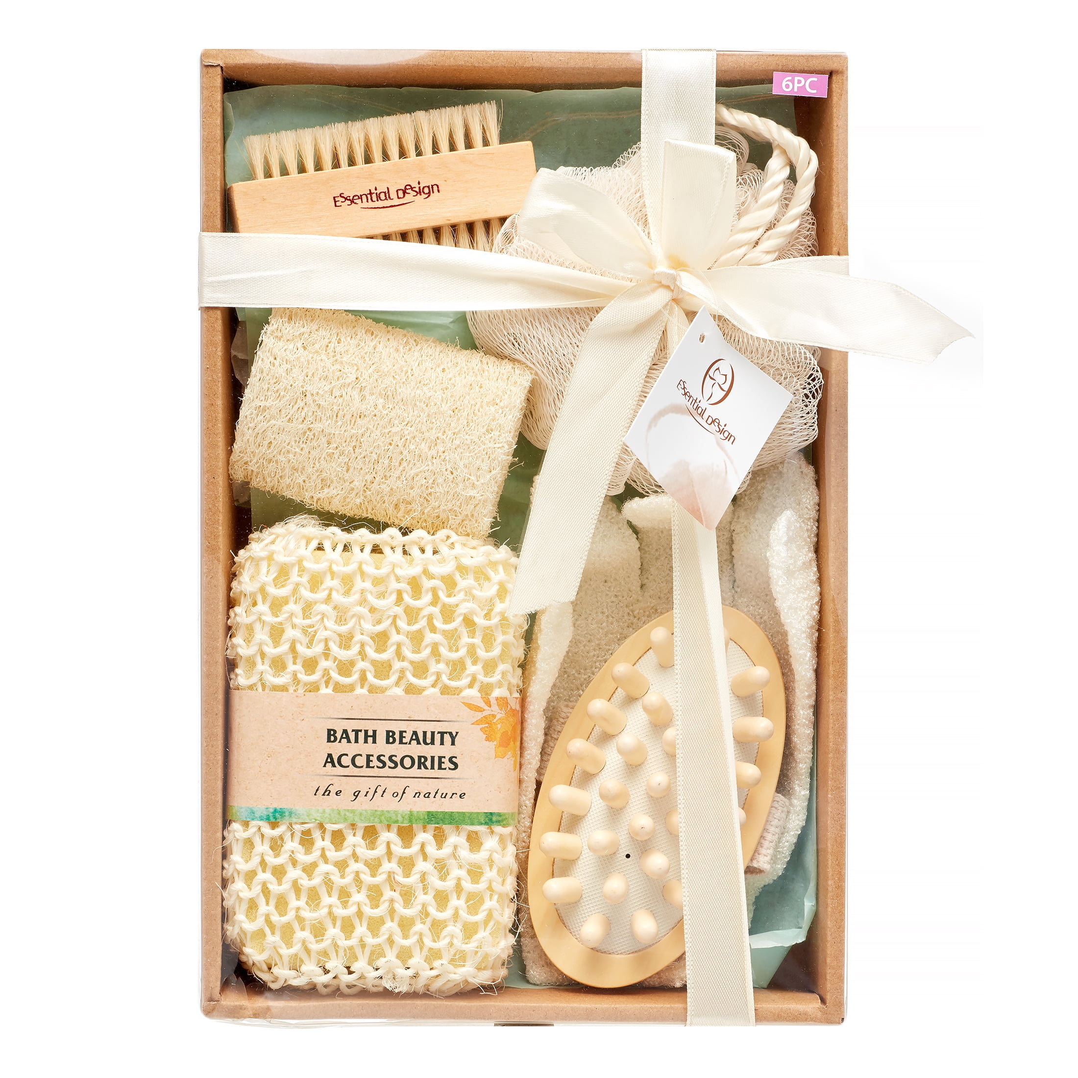Luxury Bath & Spa Gift Set with Wood Massager & Nail Brush, 6 Pieces