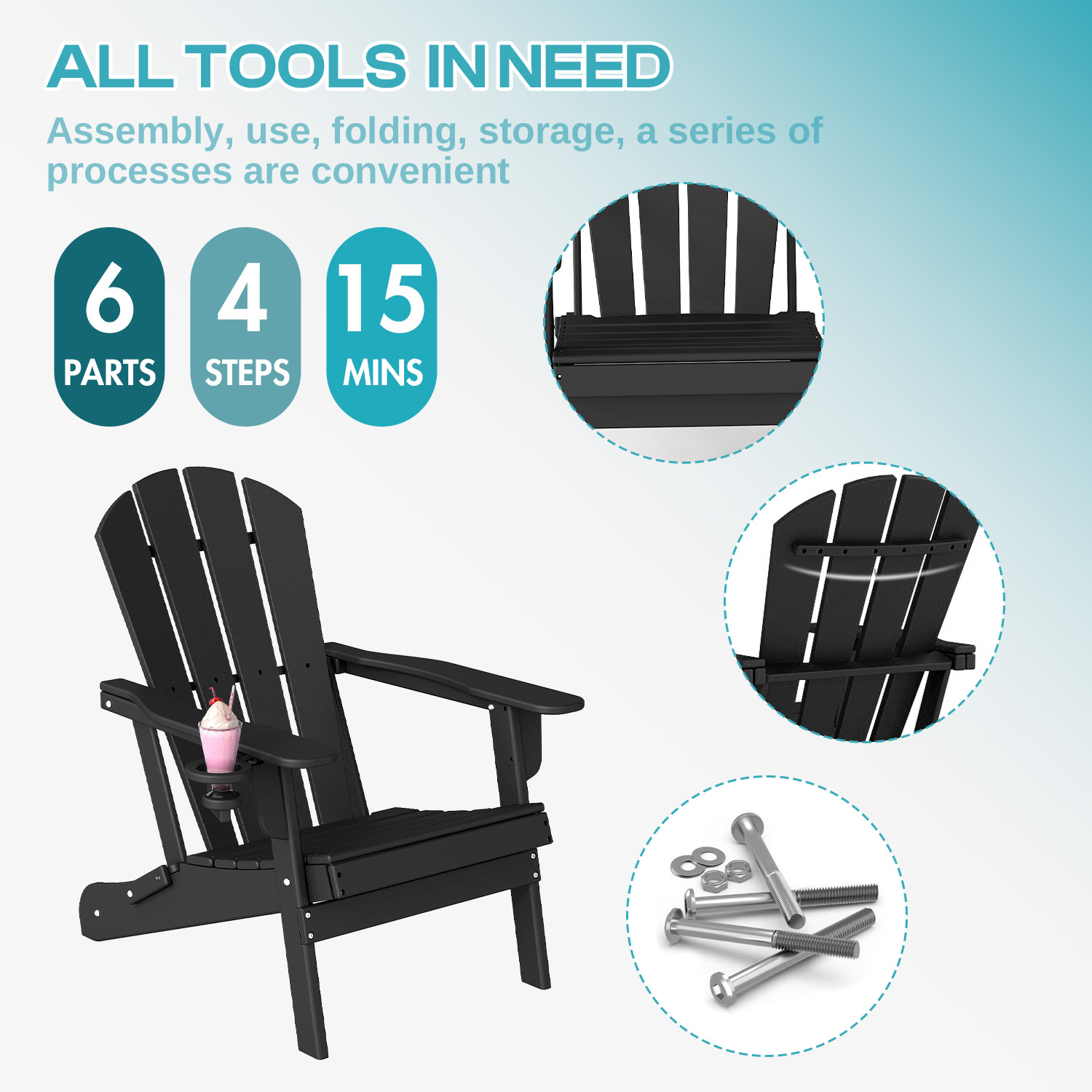 FODINGHILL Folding Adirondack Chair,HDPE All Weather Fire Pit Chair,Outdoor Plastic Chair for Patio Porch Garden,Black