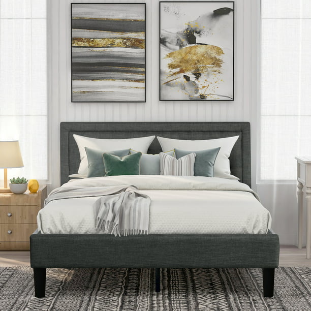 Gray Platform Bed Frame Queen Size, Tufted Headboard Queen Bedroom Set