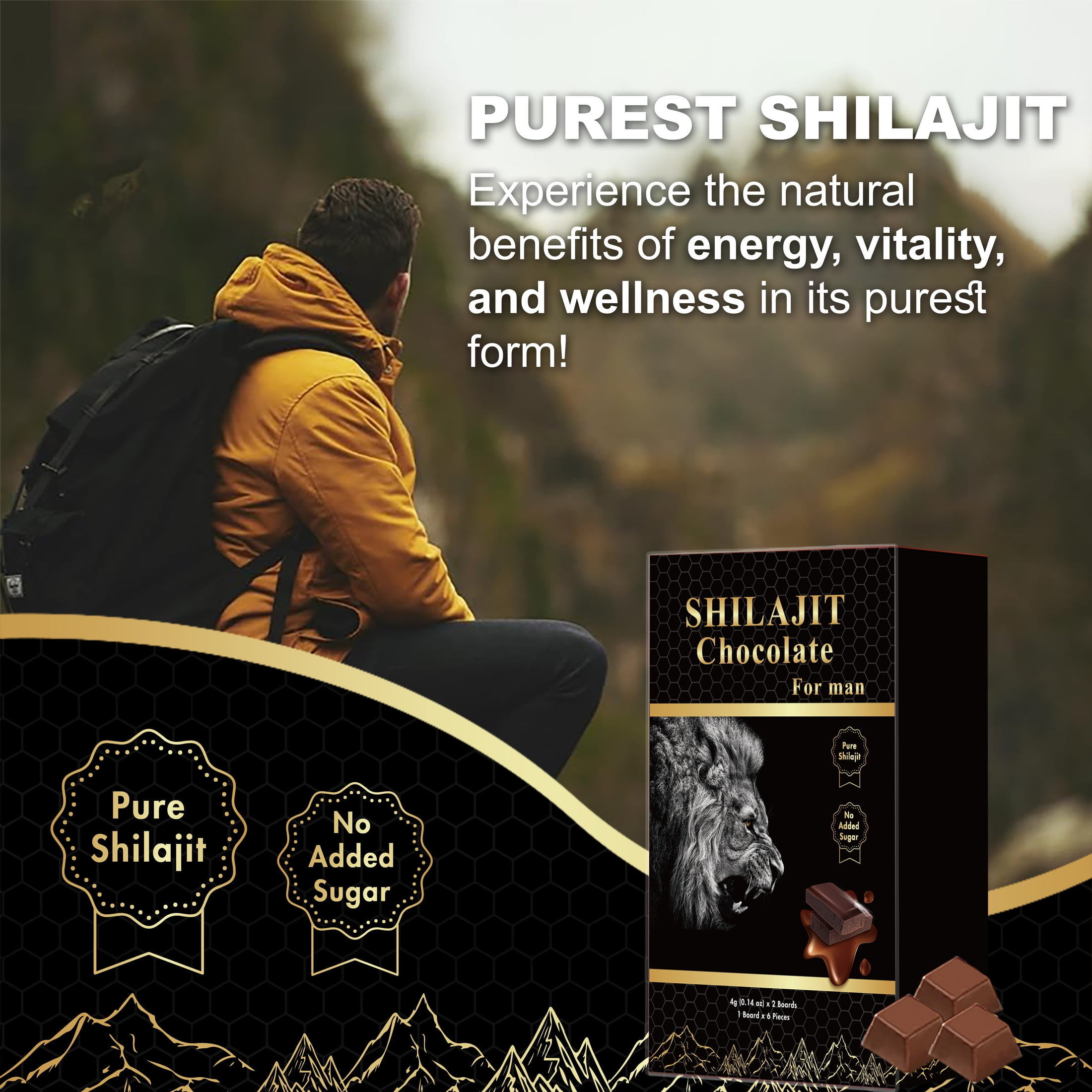 Shilajit Dark Chocolate Made with Ashwagandha, Shilajit Resin & Honey, A Premium Superfood for Energy, Strength & Immunity Boost, 12 Pieces 4g Each