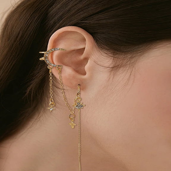 2Pcs Alloy Rhinetosne Cuff Earrings Golden Long Tassel Ear Cuffs with 925 Sterling Silver Pins Star Dangle Jewelry