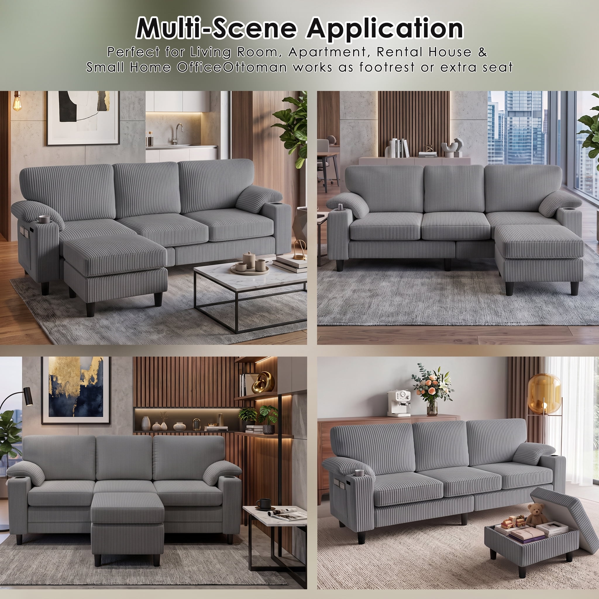 Anpport 80" L‑Shaped Corduroy Sectional Sofa, 3‑Seater Couch with Storage Ottoman, USB Port & Cup Holders for Small Spaces, Light Gray