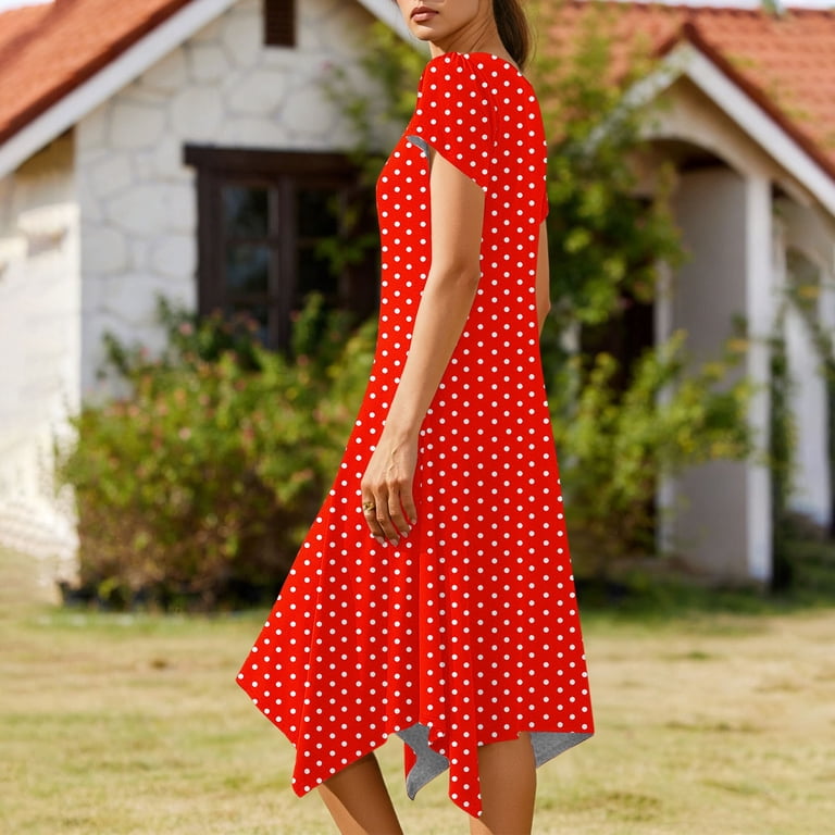 red flowy beach dress Qgtaibl Womens Polka Dot Long Crew Neck Short Sleeve Casual Dress with Pockets Stretch Pleated Dress M margot robbie wolf of wall street About Lcziwo Brand A-line V Neck Sequined Womens dresses COLOR:Stone