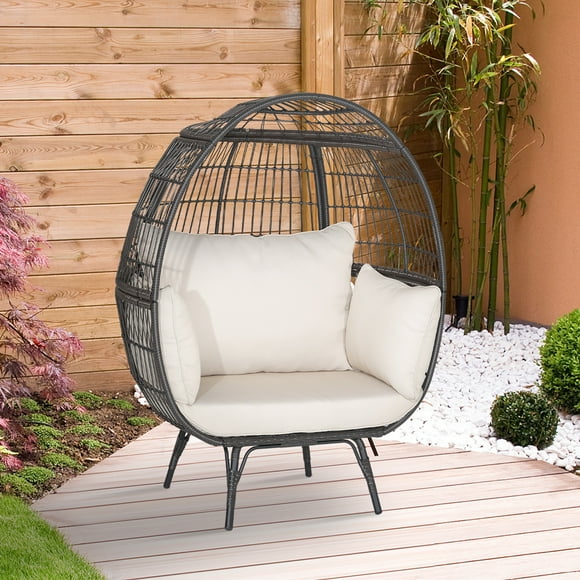 Gymax Patio Rattan Wicker Lounge Chair Oversized Outdoor Metal Frame Egg Chair w/ 4 Cushions White