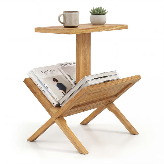 Costway 1 PCS 2-Tier Bookshelf, Small Bookcase with Teak Wood Frame and Anti-Slip Foot Mats