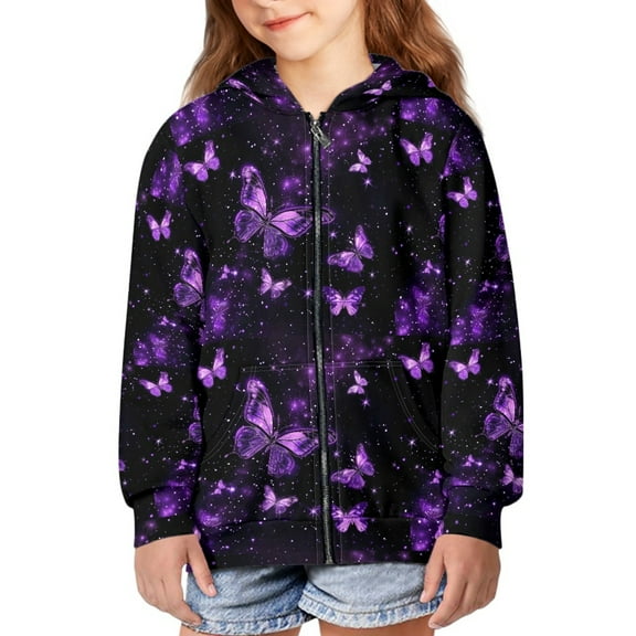 DISNIMO Butterfly Hoodie for Girls Kids Zip Up Hoodie Girls Size 6-7 Hoodies Zipper Sweatshirt Girls Hooded Sweatshirts Boys Children Hooded Jacket Little Kids Girl Animal Hoodies with Print Purple
