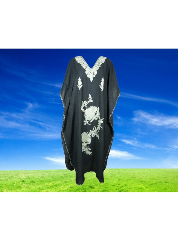 Womens Maxi Kaftan Dresses, Black Embroidered Dress, Travel Gifts, Handmade Boho Dress, One size