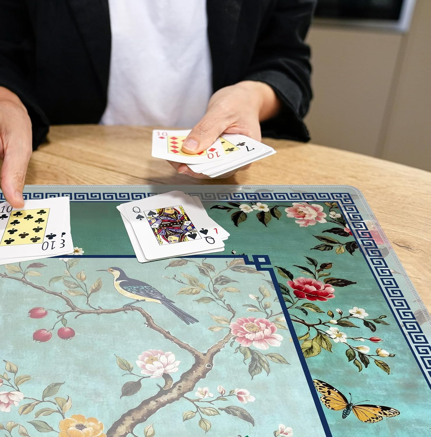 Turquoise Chinoiserie Floral Mahjong Mat 31.5 x 31.5 Inch, Grandmillennial Chinese Non-Slip Noise Reduction Mahjong Table Mat for American Mah Jong Poker Card Board Games Dominoes
